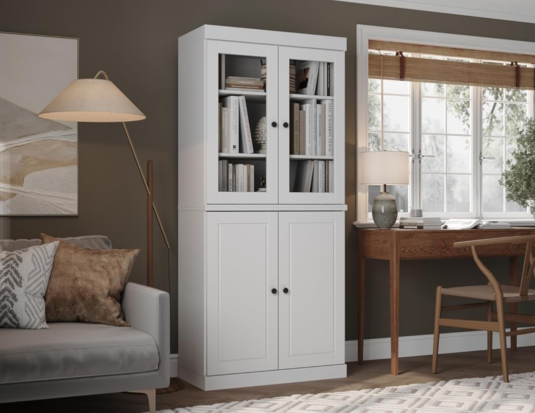 Palace Imports Solid Wood Bookcase - 6-Tier Bookshelf, 71.5” H x 32” W - Tall White Bookcase with Clear Glass Doors & Storage Cabinet for Living Room, 100% Renewable Eco-Friendly Wood, Made in Brazil