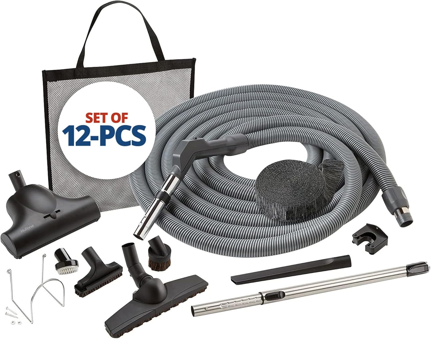 Central Vac System Carpet and Bare Floor Air Turbine Pet Care Attachment Set for Cleaning Home, Includes 30FT Crushproof Hose, Air turbine and Soft-Bristle Brush, Crevice Tool, Wand & Mesh Storage Bag