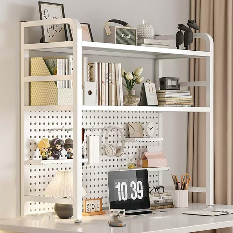 Book Shelf, 3 Tier Metal Hutch Bookcase Organizer, Sturdy Desktop Bookshelf for Office Desk, Countertop Hutch Display Shelf for Home Dorm Computer Desk(White,55cm)