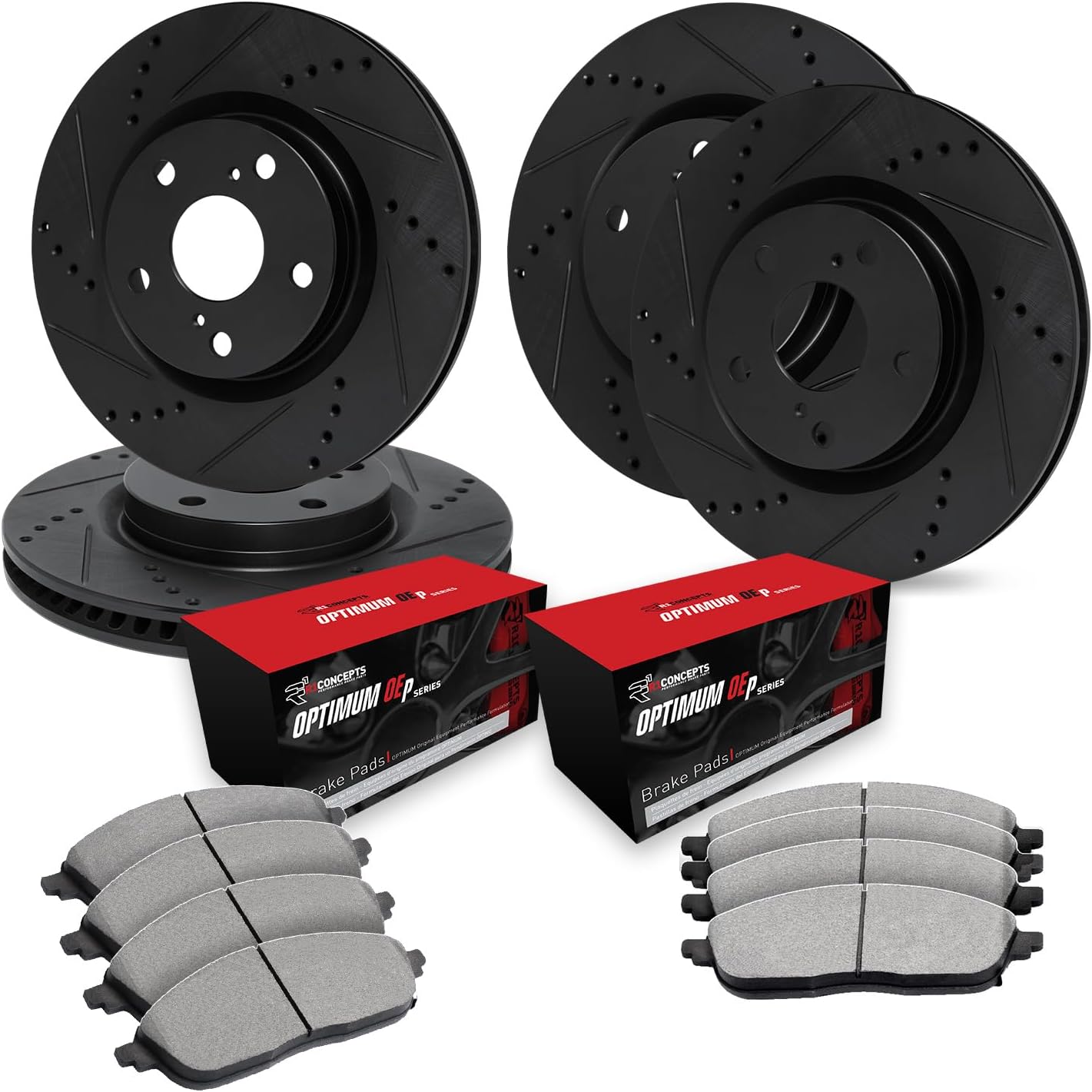 R1 Concepts Front and Rear Brake Kit For 2017-2020 Lexus GS; 2015-2022 Lexus RC F| Drilled Slotted Brake Rotors| Optimum Oep Brake Pads and Rotors Kit