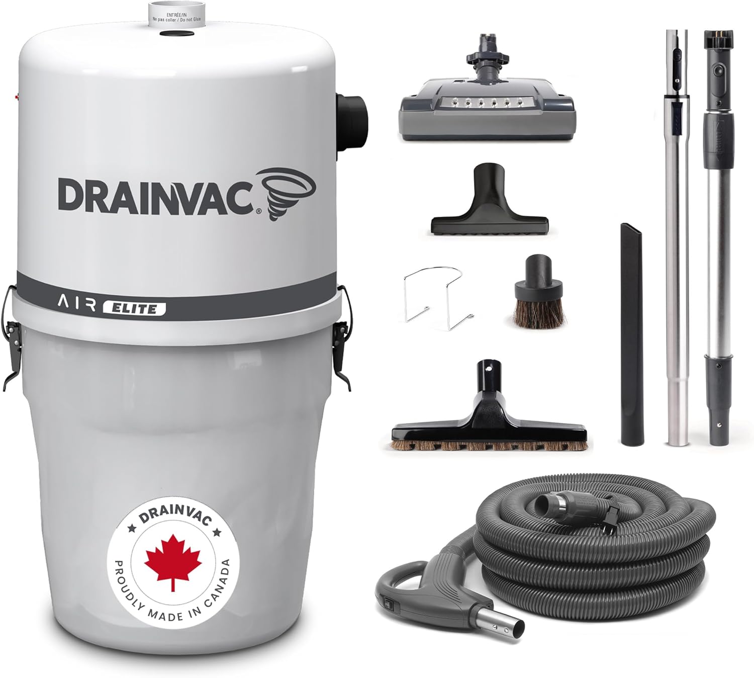Drainvac Air Elite 650 AW Home Central Vacuum System Complete Set with Electric Floor Brush & Accessories Kit – High Suction, Dual Filtration, Rustproof, Covers 3,500 sq ft Homes – Made in Canada