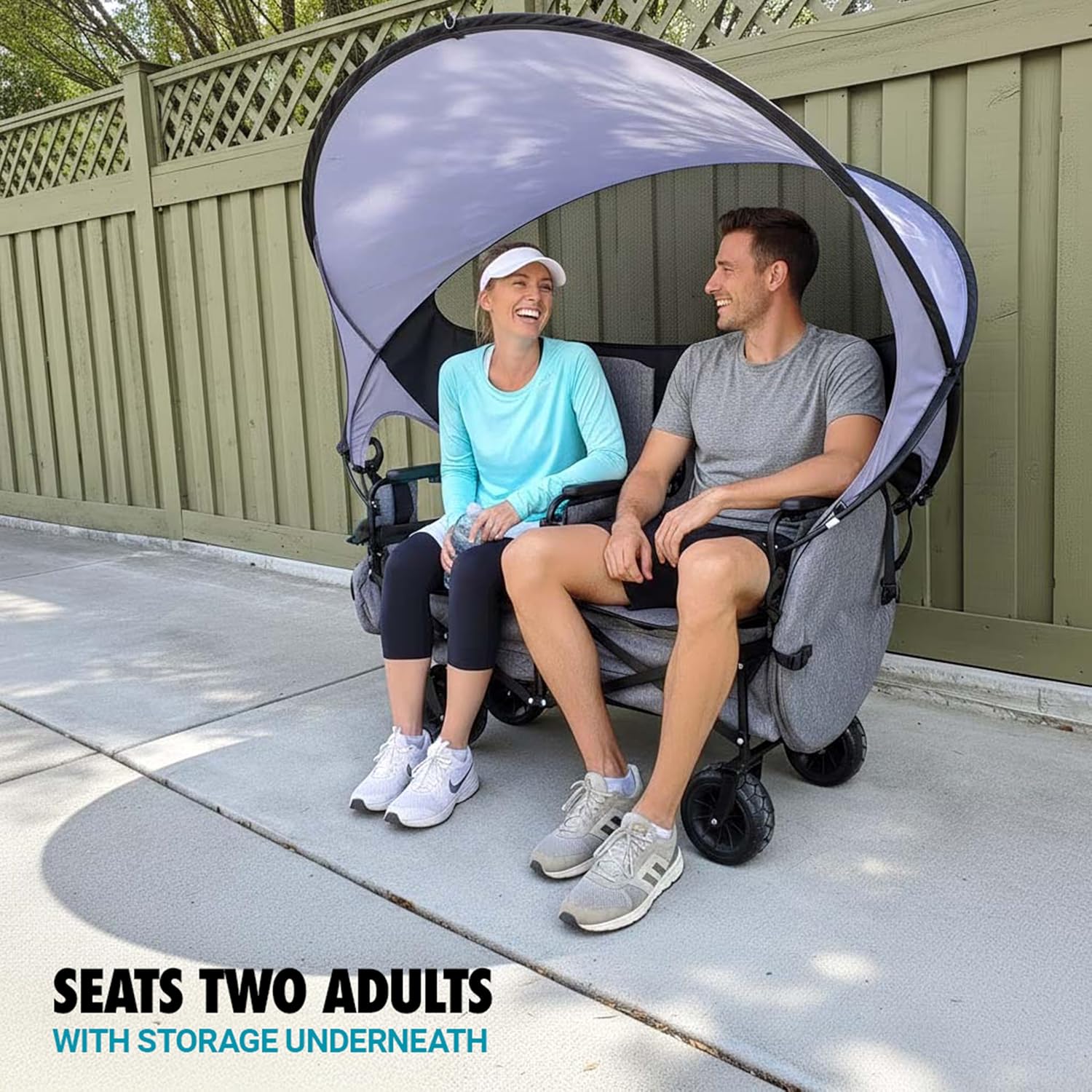 Lawn Chariot, Folding Wagon with 2 Adult Seats & UPF 50+ Canopy, Under-Seat Storage, All-Terrain Wheels, Black Canopy