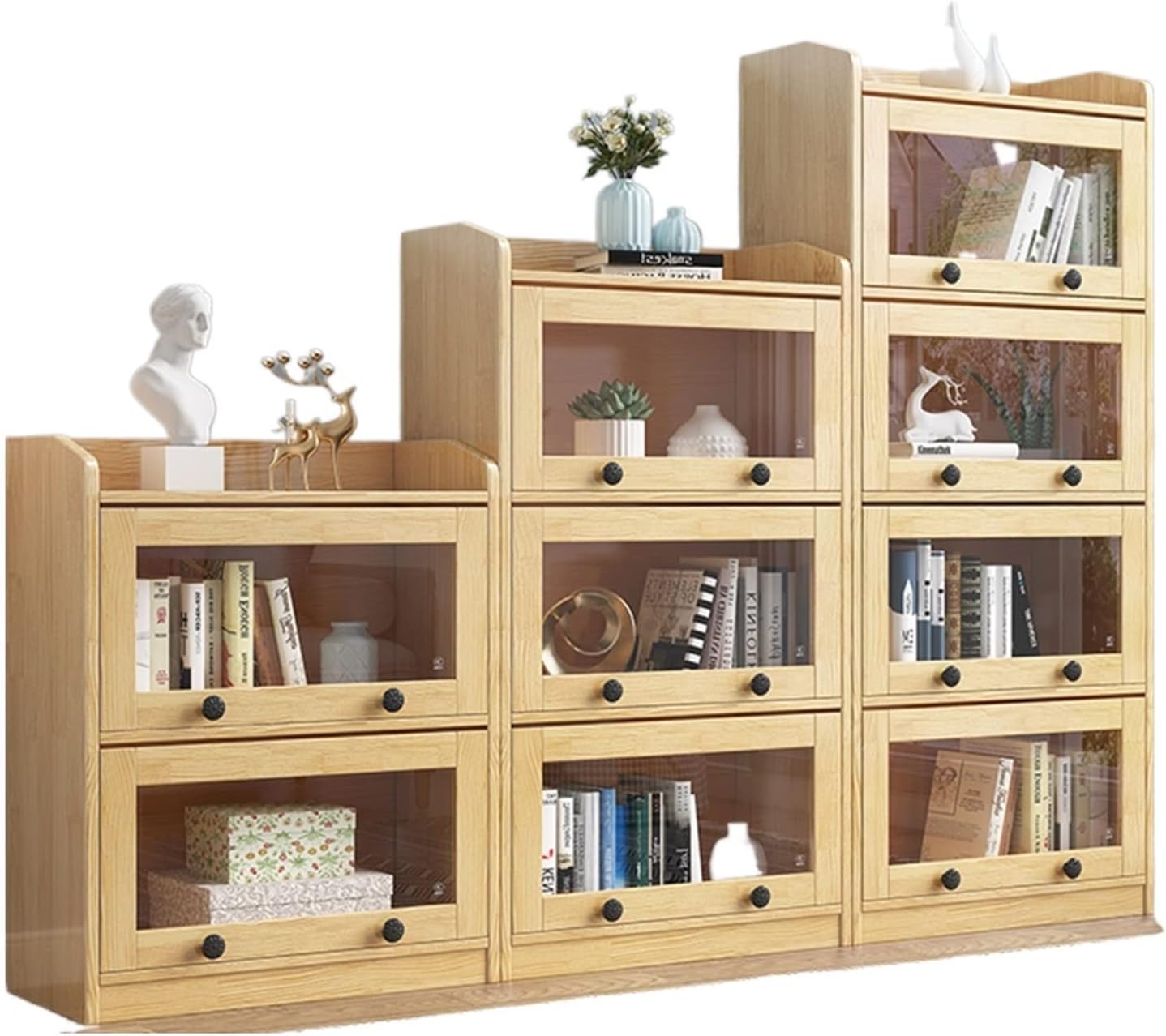 Solid Wood Bookcase with Glass Door, Simple Shelf 's Bookshelf for Living Room, Bedroom MINGPING (Color : 60x30x(93+130+168) cm)