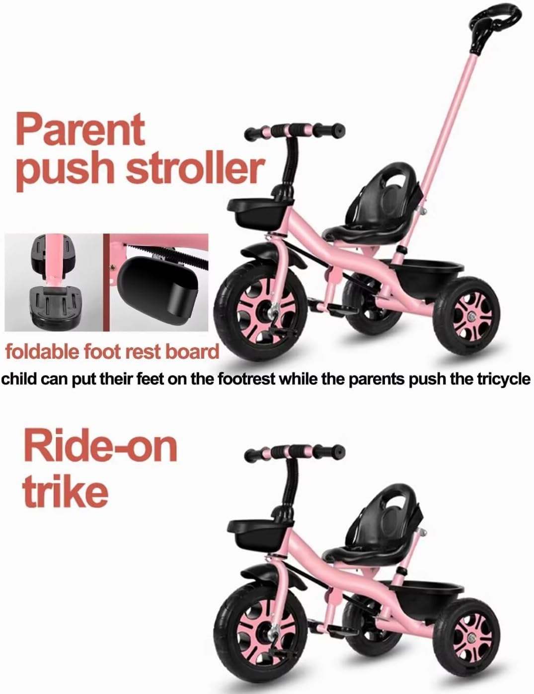 Toddler Stroller Trike with Push Handle,Ride-on tricycles with Pedals,Adjustable seat with Belt,3 Wheels Bike,Foam Wheels, Purple-with pushrod