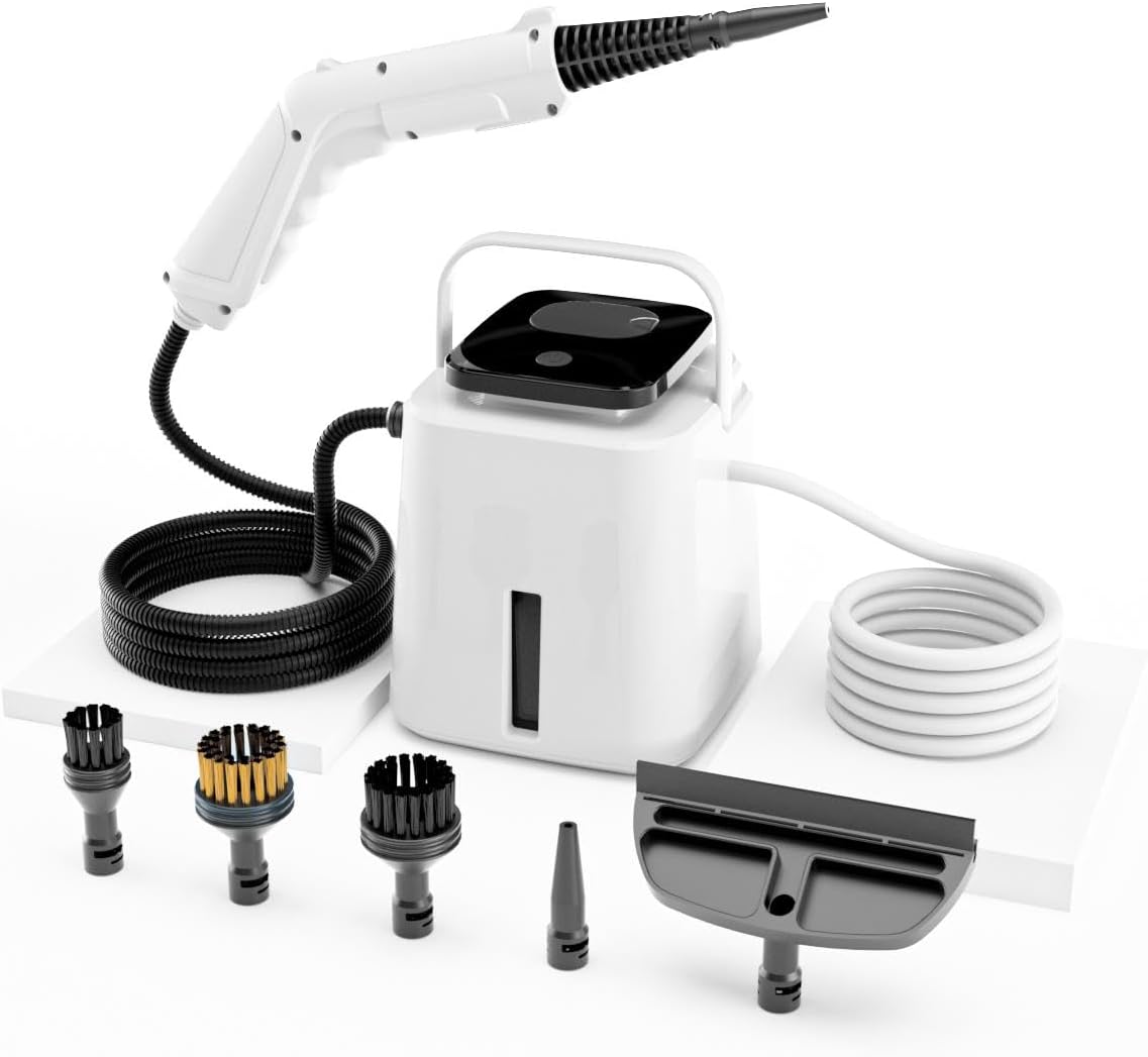 Handheld Steam Cleaner for Home, 30s Fast Heat-Up, 1.55L Large Water Tank & 4-Level Adjustable Steam, LCD Display, with 5 Brushes for Kitchen, Bathroom, Floor, Car Interior, Windows (White)