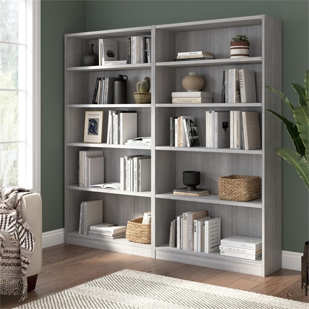 Pemberly Row Engineered Wood Universal Tall 5 Shelf Bookcase Set - Platinum Gray