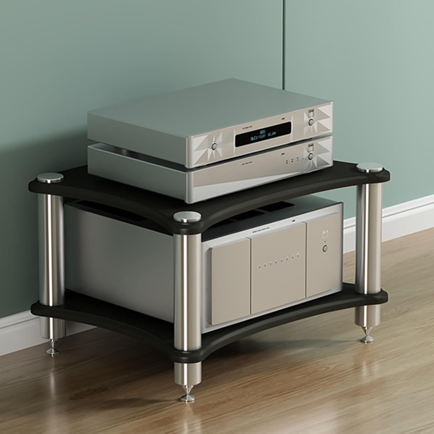 MDYHY Speaker Mount 2 Tier AV Media Stand for Entertainment System Audio Component Cabinet with HiFi Rack and Video Game Console Shelf Ideal for Meeting Living and Recording Rooms Dark Black 60x40