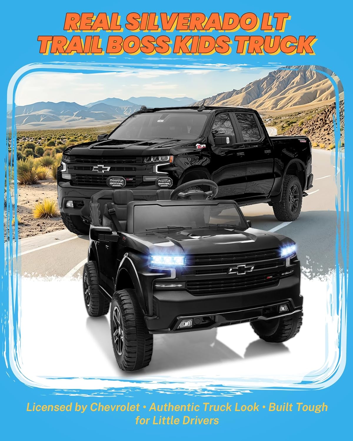 ENYOPRO 24V Ride on Toys, Licensed Chevrolet Silverado LT Trail Boss 2 Seater Ride on Car for Kids, Toddler Electric Car w/Remote Control, Safety Belt, Truck Bed Storage, LED Lights, Bluetooth, Black