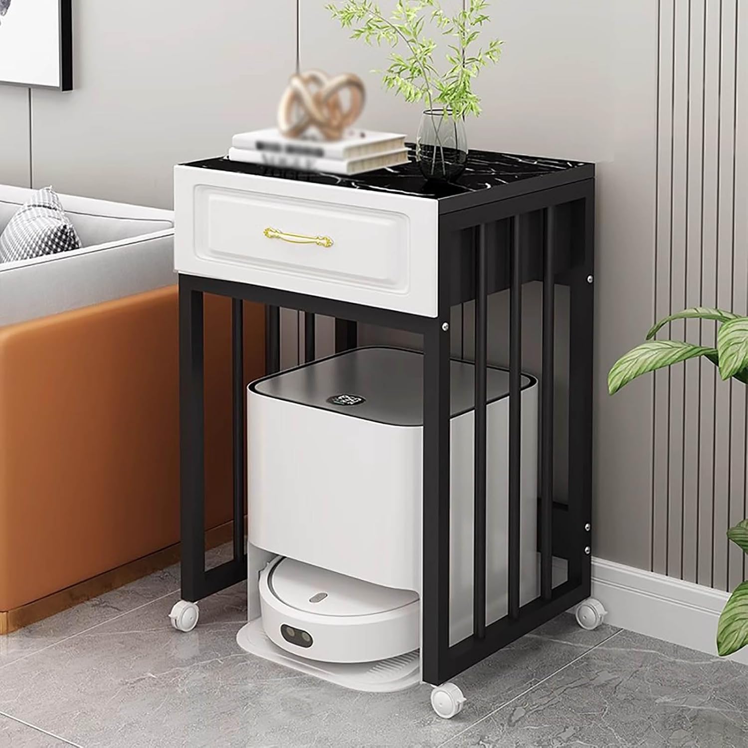 USZWBY Robot Vacuum Hidden Storage Cabinet, Floor-Standing Sweeping Robot Storage Rack with Storage Drawer, 85cm Tall Household Mobile Table Stand for Small Spaces（White-lxwxh-55x40x85cm）