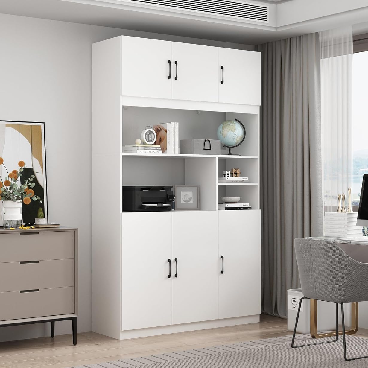 AIEGLE Large Bookshelf Set, Tall Bookcase Display Bookshelf with Open Shelves & 6 Doors, Home Office Display Storage Cabinet, White (47.2