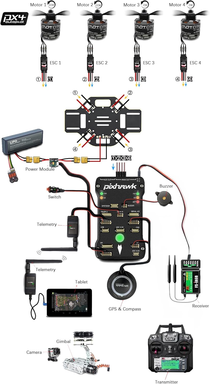 HAWK'S WORK F450 Drone Kit to build, Frame + Pixhawk + GPS + Power Module + ESC + Brushless Motor + Prop + Battery + Accessory + Guild Book & Video (B)