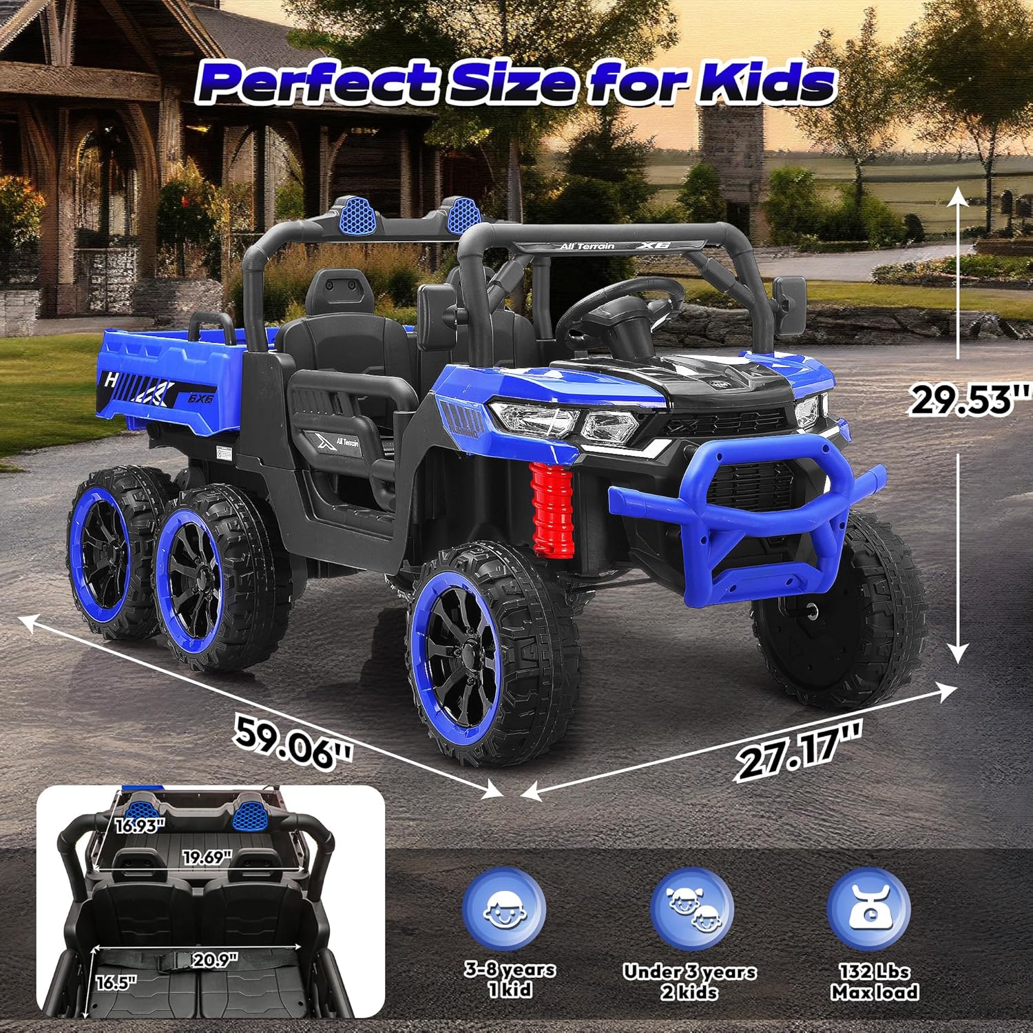 24V 2-Seater Ride on Dump Truck, 4WD 6-Wheel Kids Ride on Car Toys w/Remote Control, Electric Dump Bed, Toy Shovel, LED Lights and Music, 24V Ride on Toys for Big Kids Boys Girls (Blue)