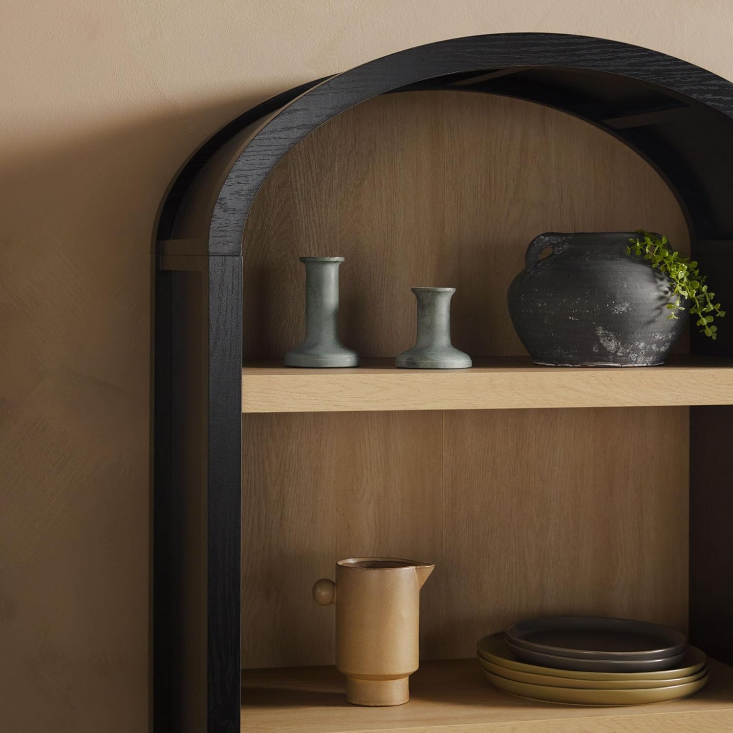 Walker Edison Chantelle Modern Arched Bookcase with Statement Wood Cabinet Pulls - Black