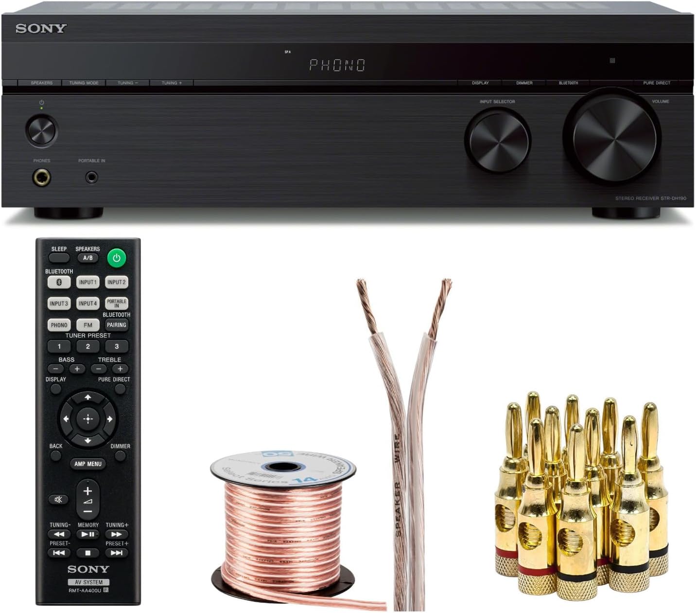 Sony STRDH190 2-ch Stereo Receiver with Phono Inputs and Bluetooth Bundle with 100ft of Speaker Wire and 5 Pairs of Banana Plugs (3 Items)