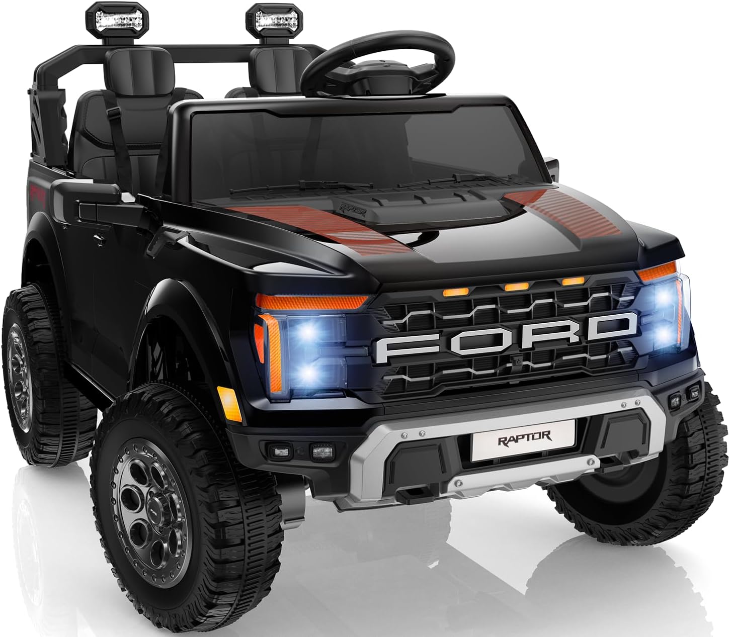 First Ride On 24V Ride on Toys for Big Kids, Licensed Ford F-150 Raptor 2 Seater Kids Ride on Car w/Remote Control, Toddler Electric Car w/LED Lights, Bluetooth, Truck Bed Storage, Soft Start (Black)