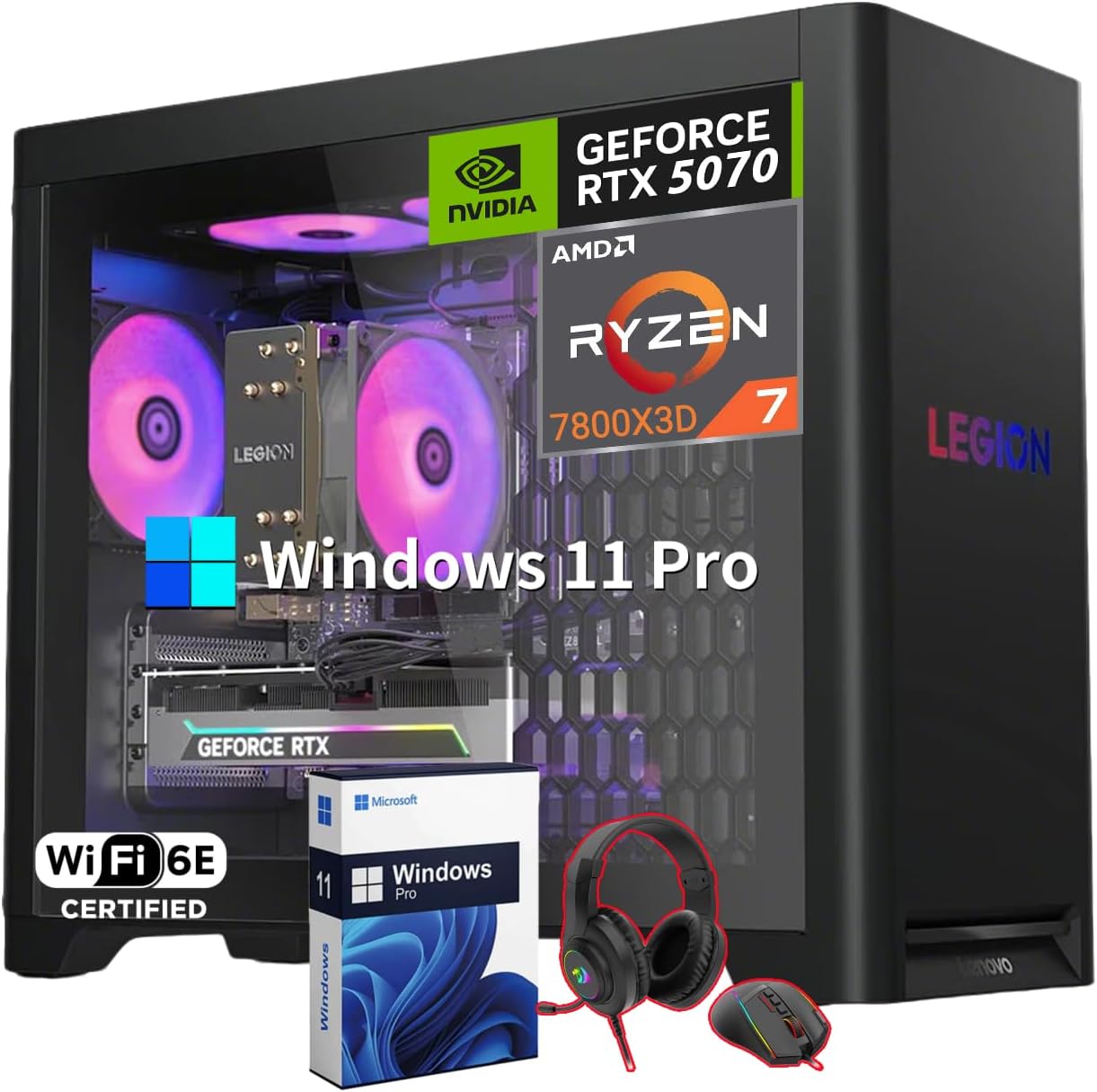 Lenovo Legion Tower 5 Gaming Desktop PC, AMD Ryzen 7 7800X3D, NVIDIA GeForce RTX 5070 12GB GDDR7, 64GB DDR5 5600MHz, 8TB SSD, 2TB HDD, Whisper-Quiet Legion Cooling, Windows 11 Pro, Gaming Headset Kit