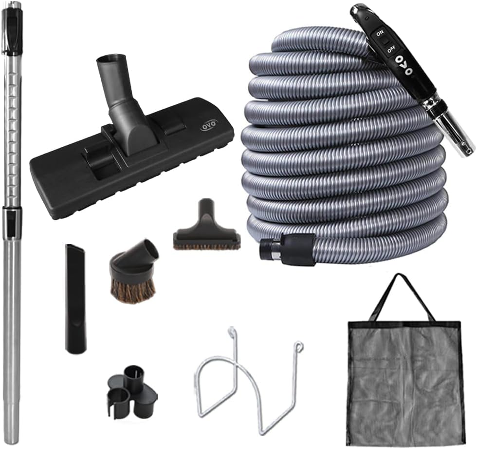 OVO Central Vacuum Standard Kit, with 30/35/40/50ft Low-Voltage Hose, ON/Off Control at The Handle, 12’’ Combo Brush and Accessories, for Hard Surfaces and Carpets, B 30', Black, (KIT-LV30S)