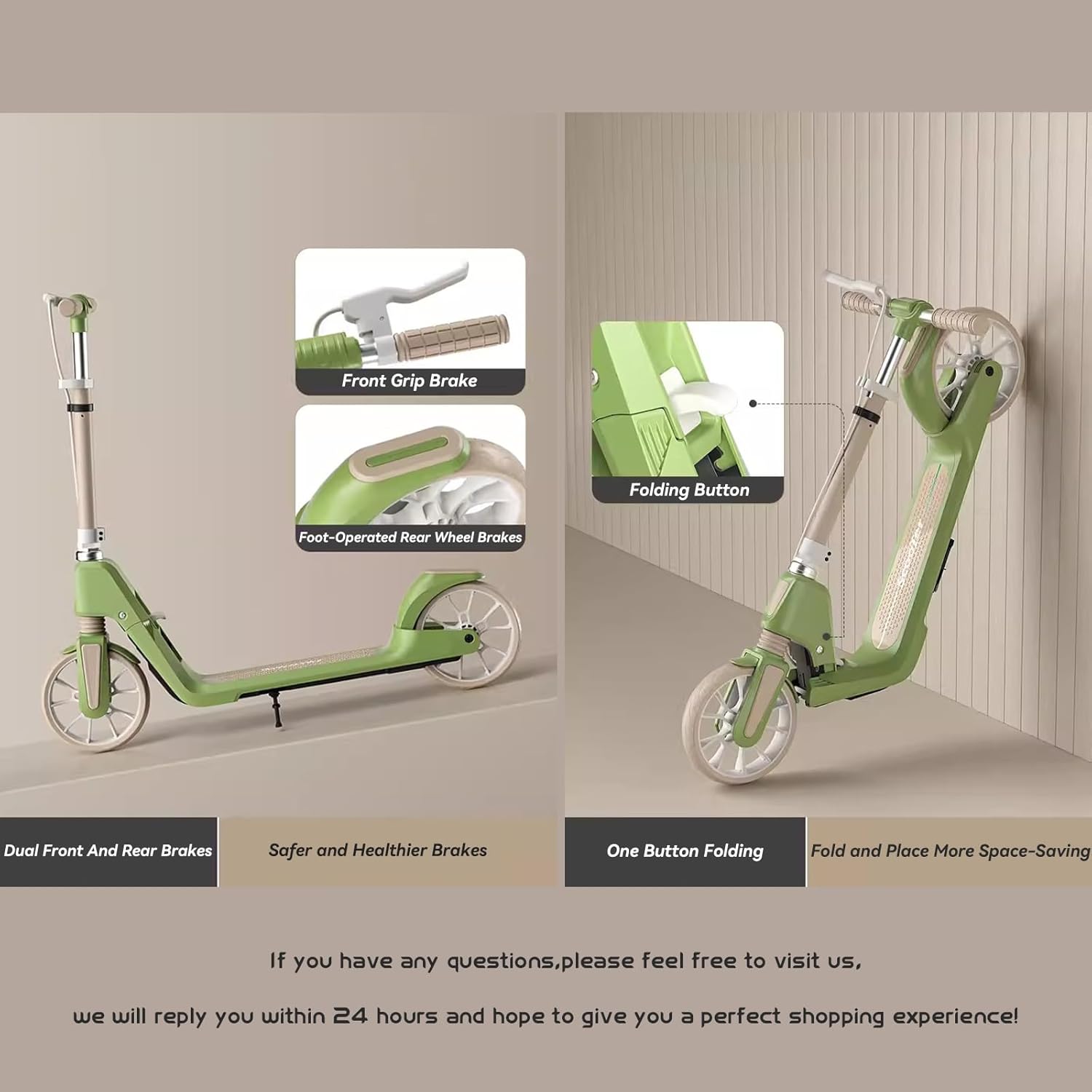 Folding Kick Scooter for Kids Teens and Adults,Adjustable Helght,Non-Slip Deck,Dual Brakes System,Best Gift for Age 6 Up Kids Girls Boys Teens, 220Lb Weight Limit