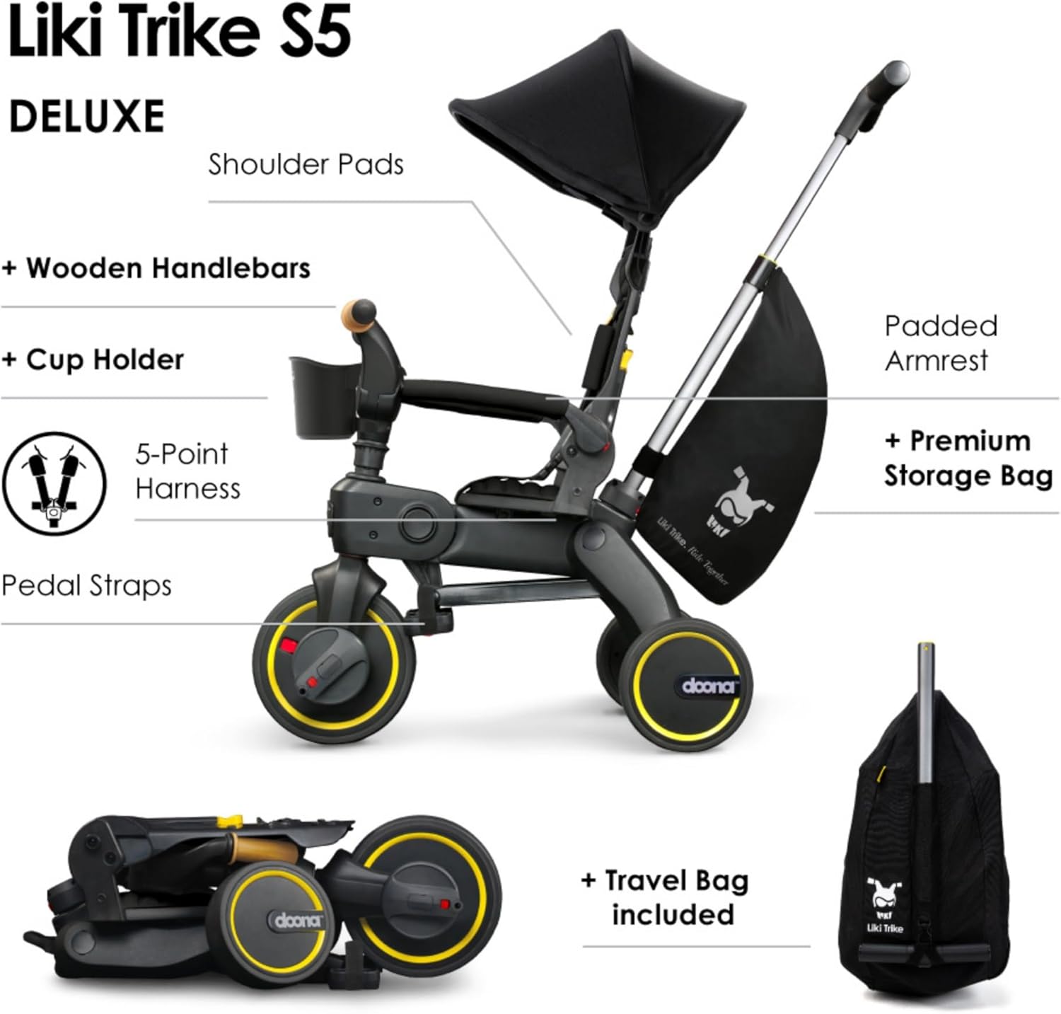 Doona Liki Trike S5, Nitro Black - 5-in-1 Compact, Foldable Tricycle - Suitable for Toddlers 10 to 36 Months