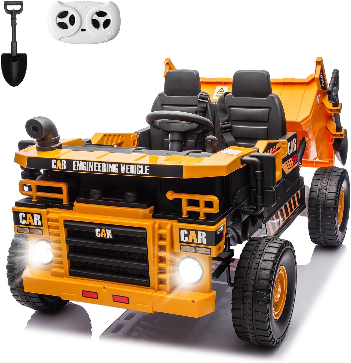 2-Seater Electric Ride on Truck Toy Car Construction Vehicle for Boys, 12V Kids Ride on Dump Truck, Remote Control, Key Start, Shovel, Dump Bed, Music, Birthday Gift (Yellow, 12V)