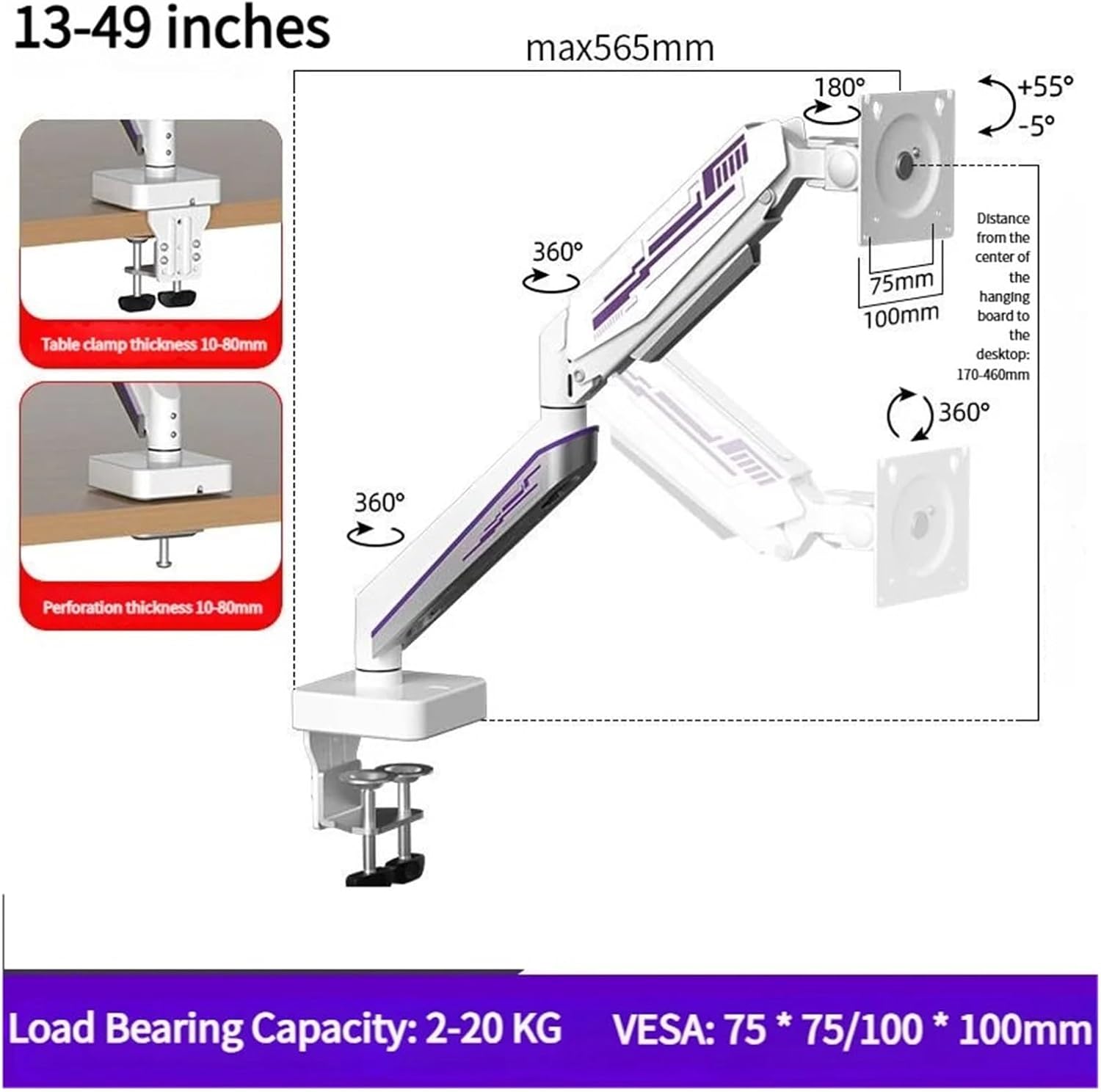 Support large-size monitor stand gas spring monitor arm adjustable monitor arm maximum load-bearing 17-49 inches 20 kg computer screen monitor stand(E9B)
