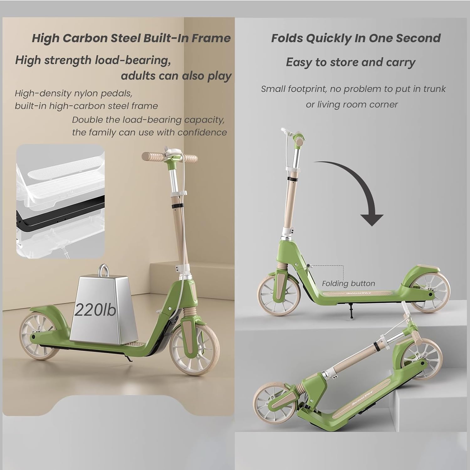 Folding Kick Scooter for Kids Teens and Adults,Adjustable Helght,Non-Slip Deck,Dual Brakes System,Best Gift for Age 6 Up Kids Girls Boys Teens, 220Lb Weight Limit