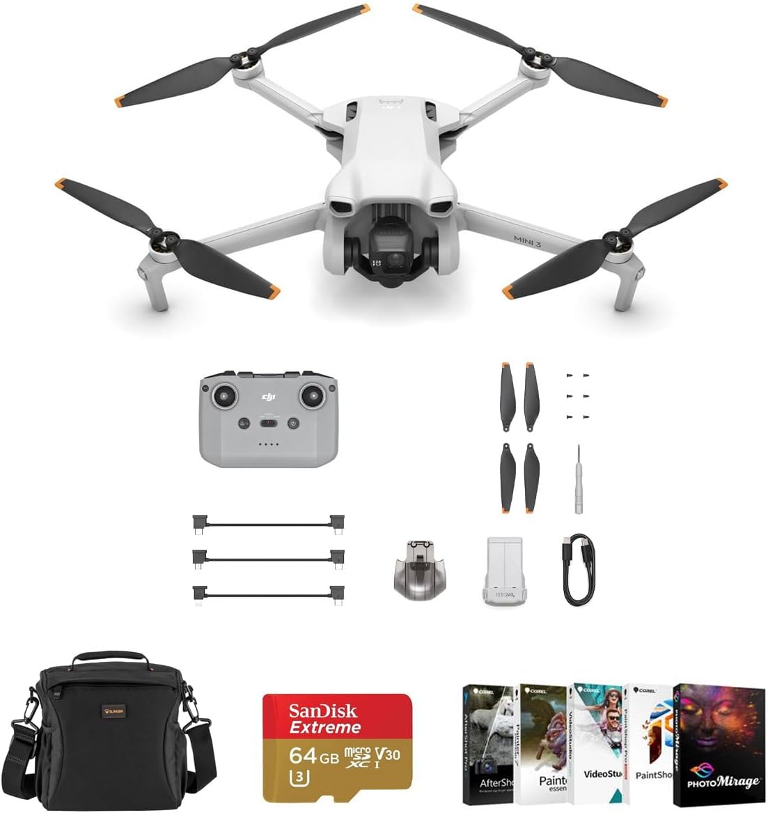 DJI Mini 3 Drone with RC-N1 Remote Controller Bundle with 64GB microSD Card, Shoulder Bag, Corel PC Software Kit