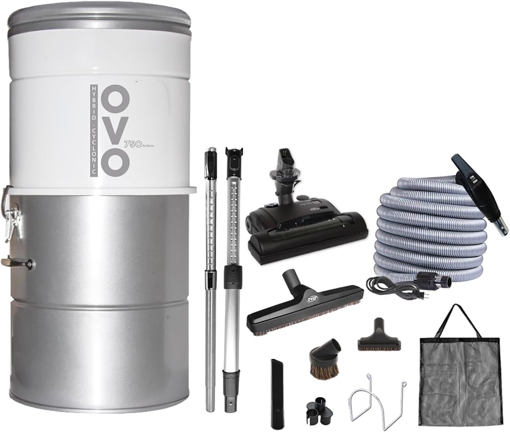 OVO Large and Powerful Central Vacuum System, Hybrid Filtration (with or Without Disposable Bags) 25L or 6.6 Gal, 700 Airwatts with 35 ft Carpet Deluxe Accessory Kit Included