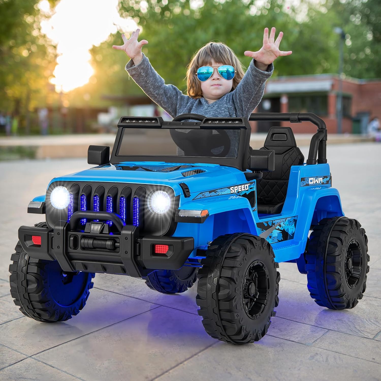 OLAKIDS Kids Ride on Truck, 12V Electric Vehicle with Remote Control, Battery Powered Toddler Car with Music, Horn, 3 Speeds, LED Lights, Bluetooth, USB, Radio (Blue)