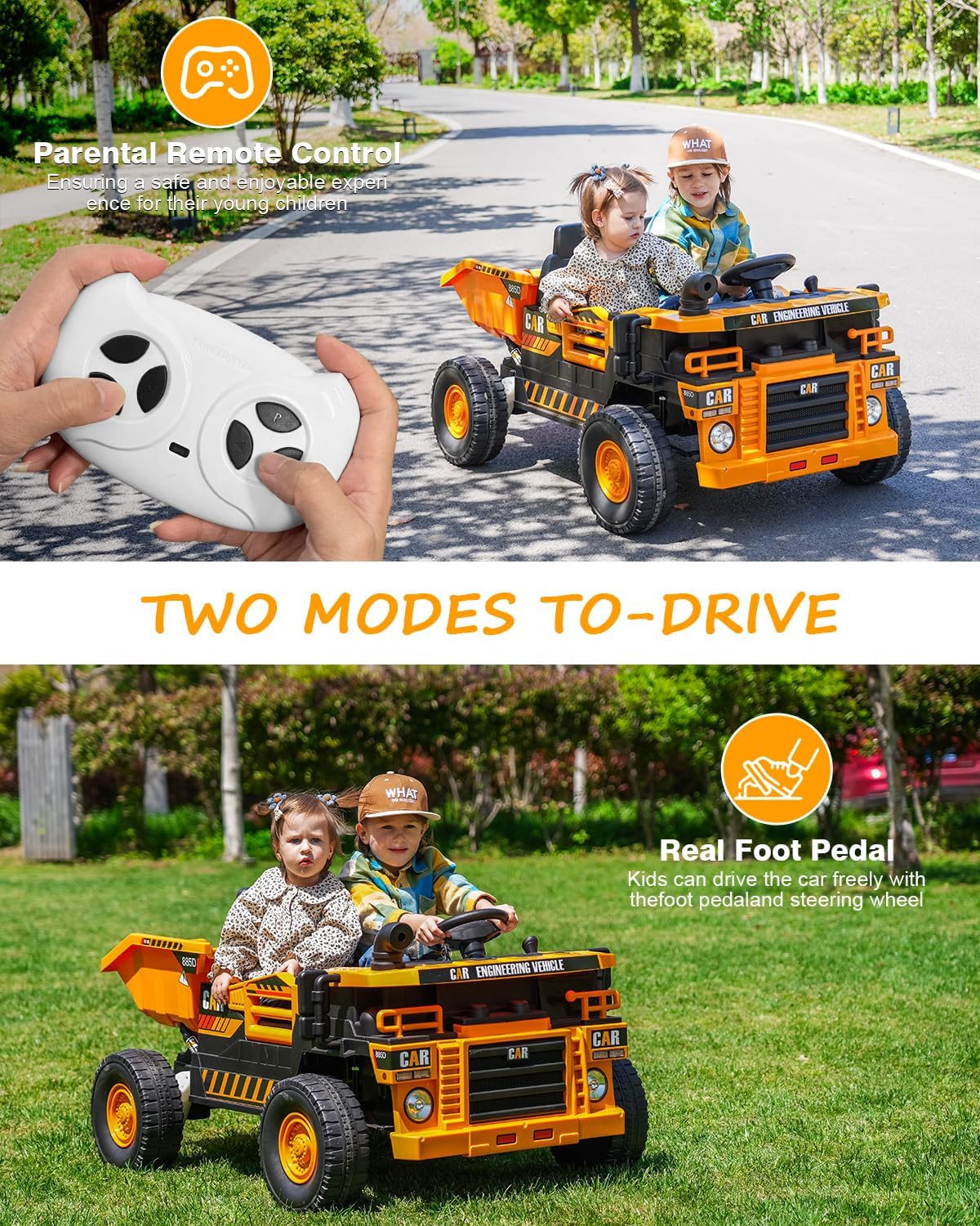 24V 2 Seat Ride on Dump Truck, 20in Ride on Toys for Big Kids, Construction Vehicles and Electric Dump Bed/Shovel, with Remote Control and Music,Key Start for Safety,Yellow