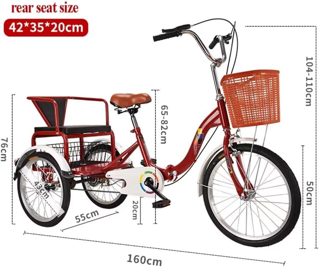 Folding Elderly Tricycle,Adult Rickshaw Pedal Tricycle,Leisure Mobility Vehicle,20inch Tandem Trike with Rear seat,Sensitive Dual Brakes,Scooter Bike (red 20inch)