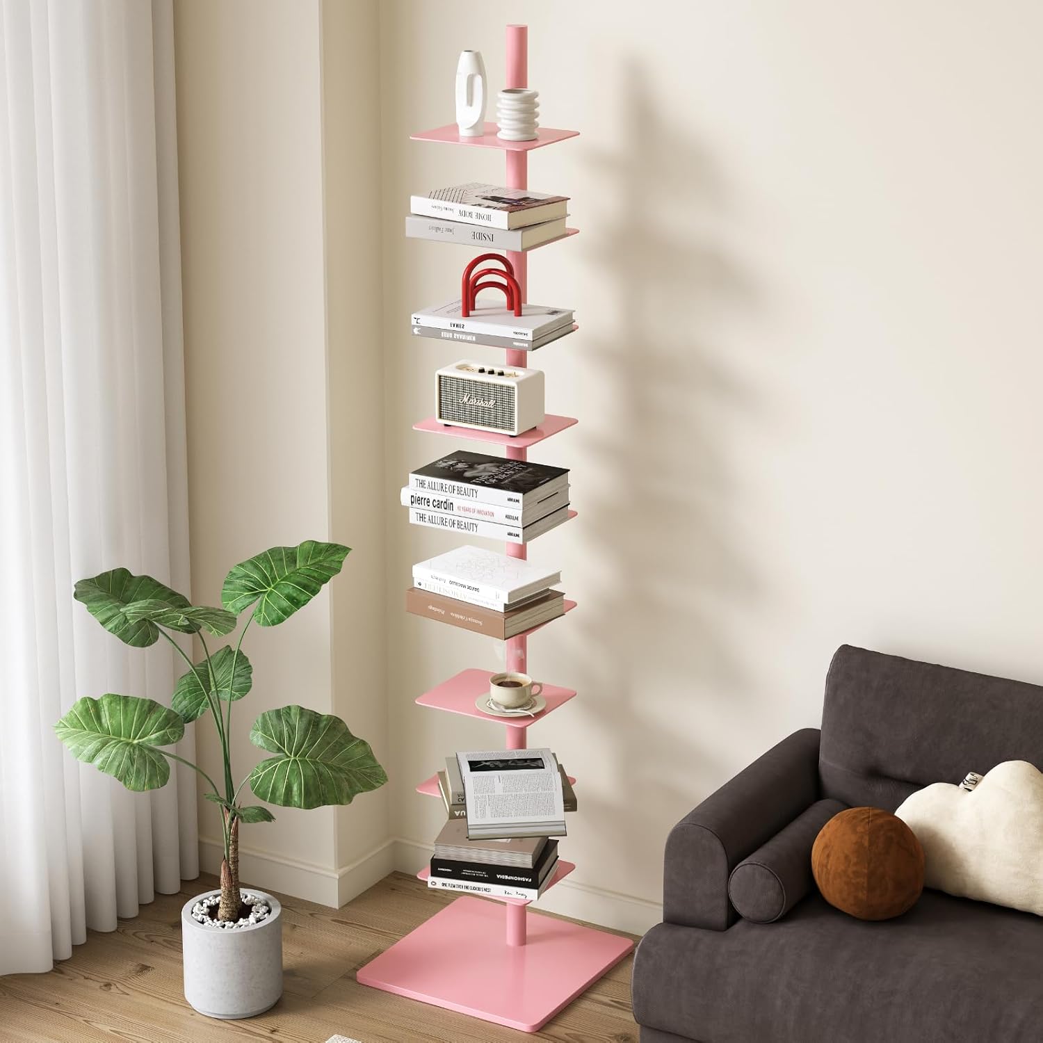 9-Tier Metal Spine Bookshelf -Spine Bookshelf, Tall Narrow Ladder Bookshelf, Vertical Spine Book Tower, Corner Bookshelf for Small Space, Multipurpose Display Book Shelf for Home Office (Light pink)