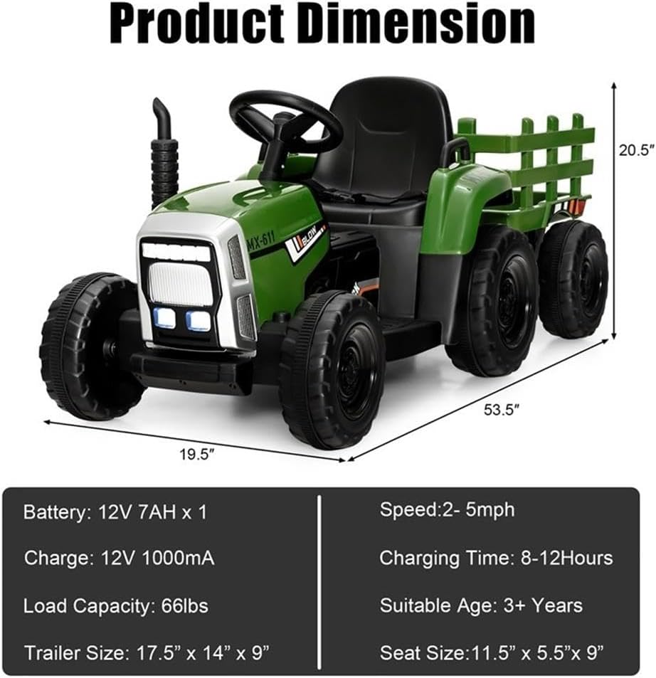Pemberly Row 12V Kids Ride On Tractor with Trailer Ground Loader Dark Green