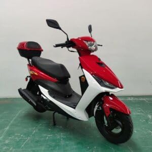L7 Motorsports Super 49cc Scooter, Red and White, Sporty Design, Dual Headlights with Storage Trunk.