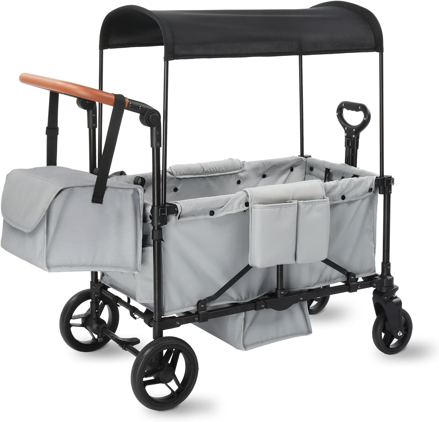 Stroller Wagon for 4 Kids with Footwell, Foldable All-Terrain Wagon Stroller with Adjustable Push/Pull Handle, Parent Organizer, 5-Point Harness, Ideal for Outdoor Adventures (Gray)