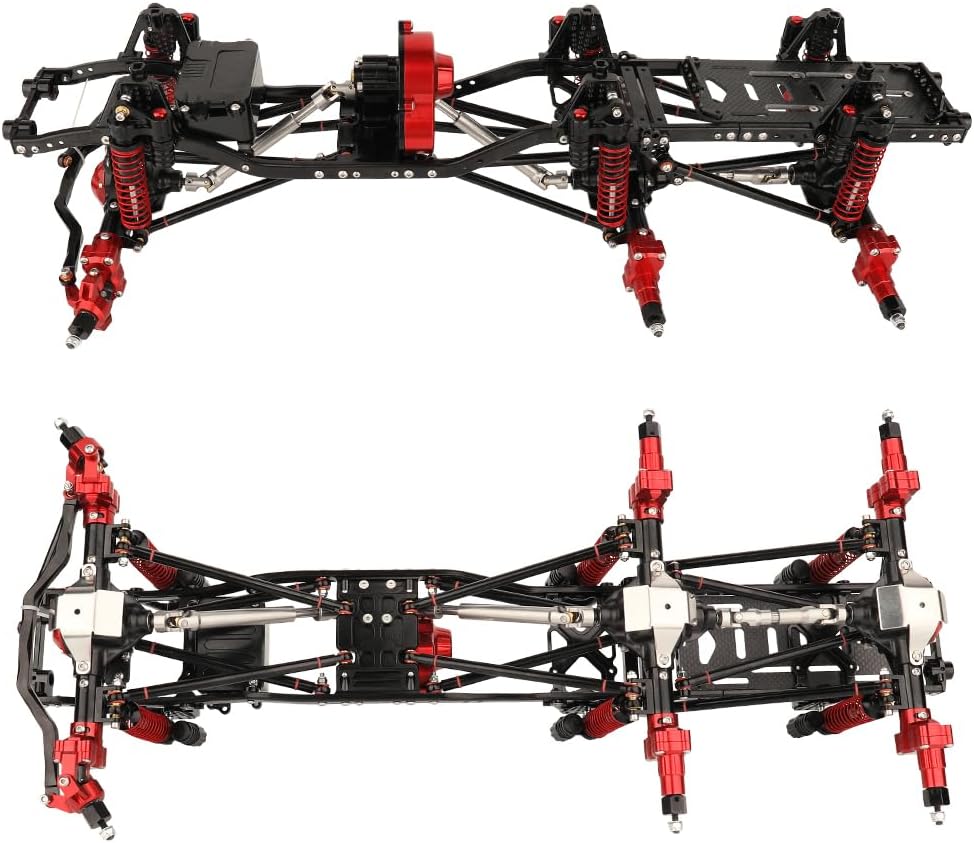 450mm Wheelbase 6x6 Chassis Frame Set with Transmission Front Middle Rear Complete Axle for 1/10 RC Crawler Car Axial SCX10 Metal DIY Upgrade (red -Black-Portal Frame)