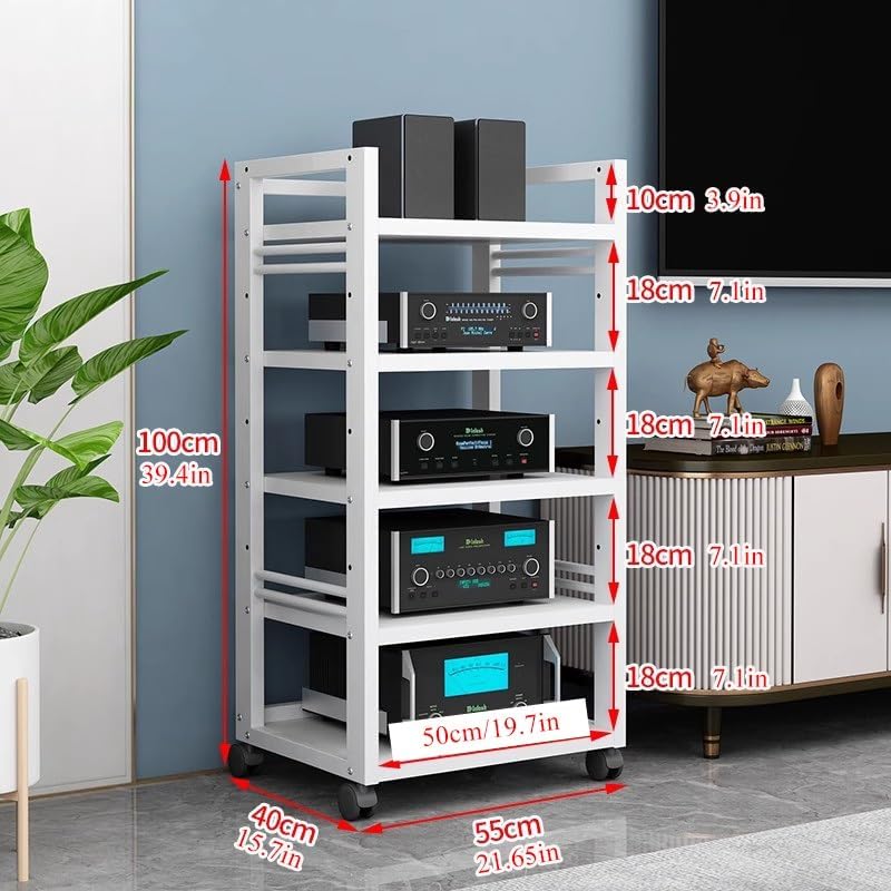 AV Media Tower Stereo Cabinet 5 Tier Floor-Standing Audio Rack CD DVD Record Player Stand Movable Corner Storage Shelf With Wheels For Home Theater(White1)