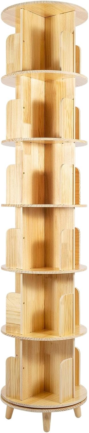 Proinsightore 6-Tier 17.72in Wooden 360° Rotating Bookshelf Floor Standing Bookcase Book Storage Rack Multi-Functional Bookshelf