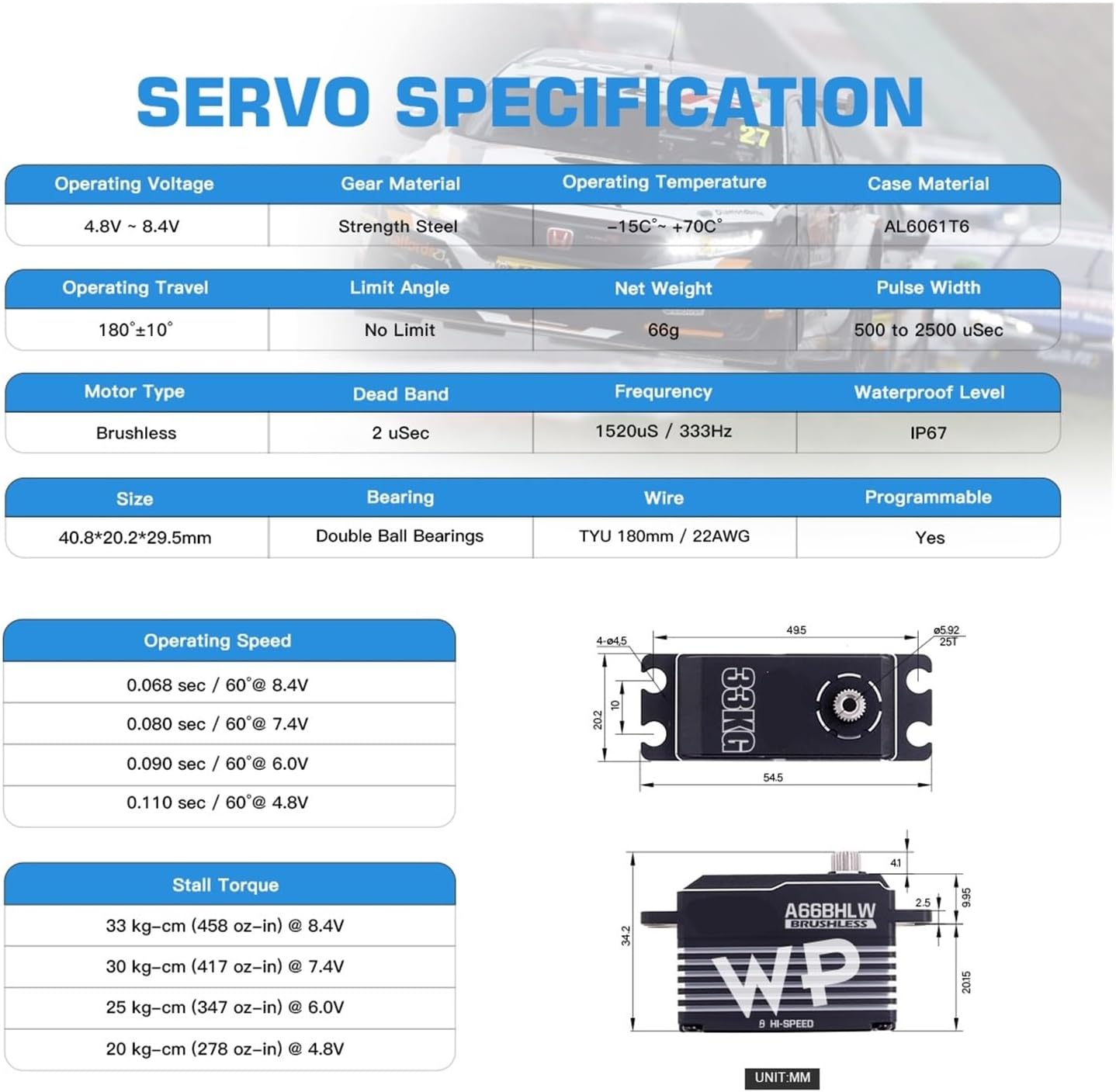 Waterproof Servo A66BHLW 33KG Metal Gear High Torque Low Profile Brushless Steering Servo Suitable for 1/10(A66BHLW Set1)