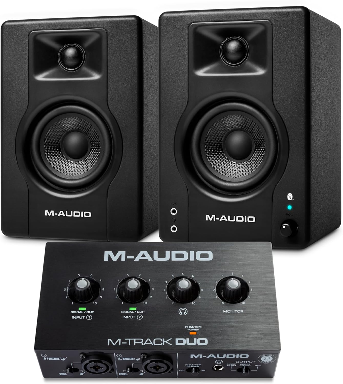 M-AUDIO BX4 Pair Bluetooth Studio Monitors Bundle with Dual XLR Audio Interface for Studio Recording, Music Production, Podcasting and Streaming