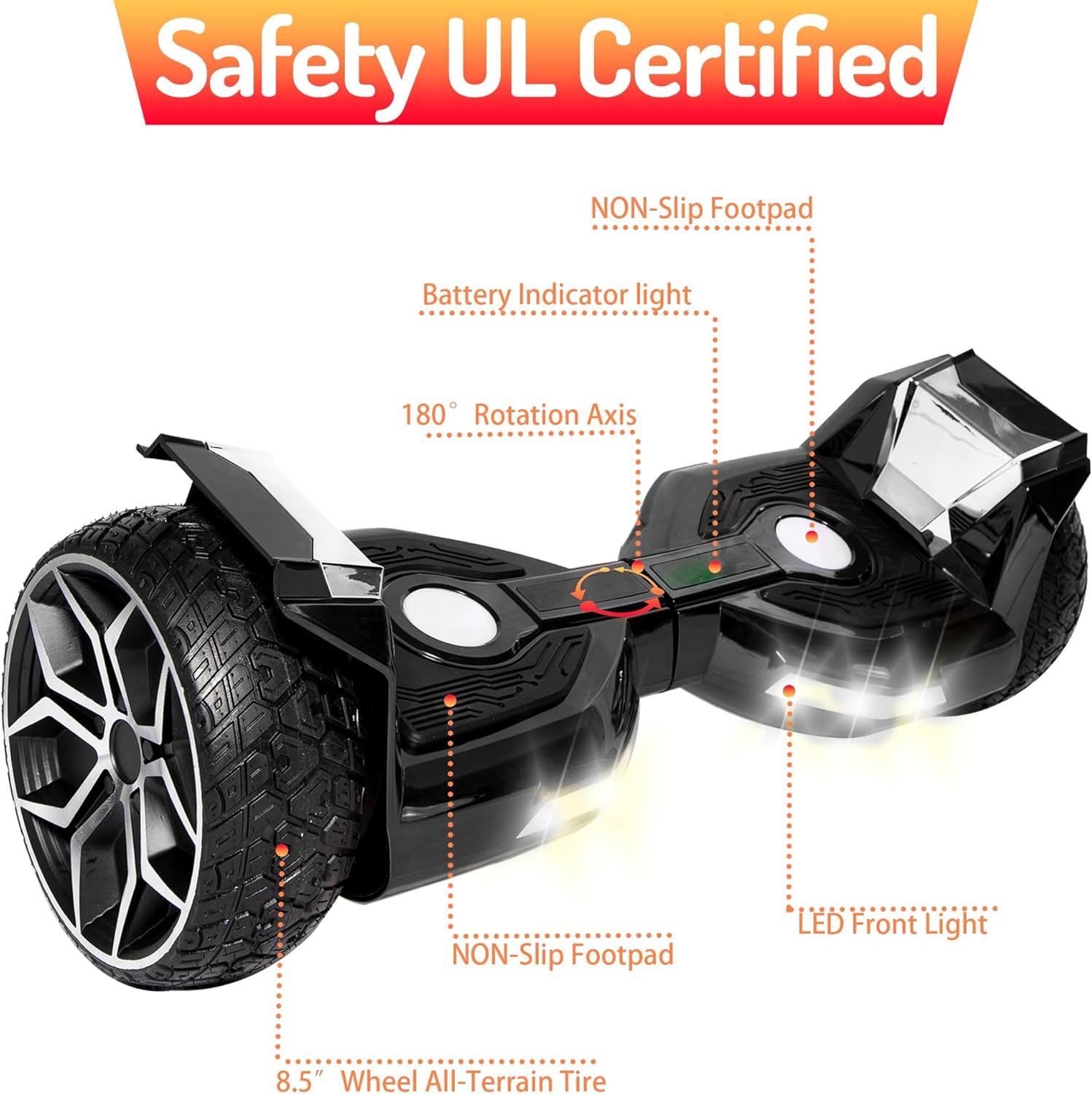 8.5” All Terrain Hover Board, Off Road Self Balancing Scooter with Bluetooth and LED Lights, UL2272 Safety Certified