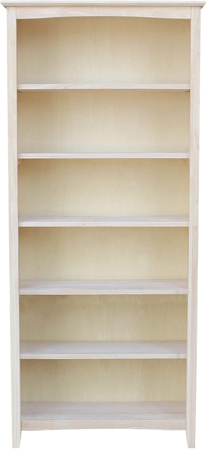 72” Tall Shaker Solid Wood Bookcase – Unfinished Parawood Bookshelf, Ready to Paint or Stain, Durable Home Storage