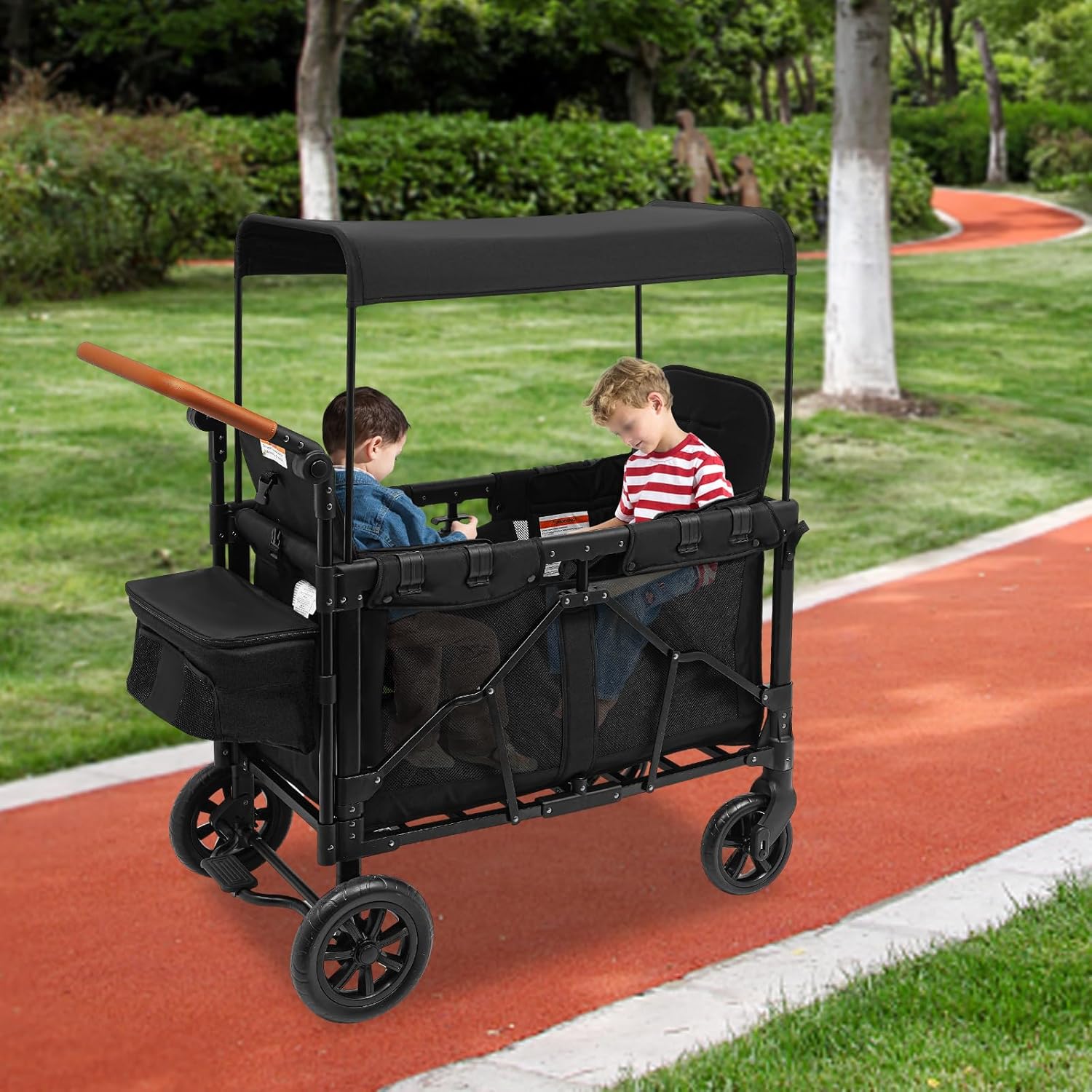 2-Seat Stroller Wagon with 5-Point Harnesses, Collapsible Wagon Stroller for 2 Kids with Adjustable Push Handle & Sun Canopy, Kids Wagon Cart for Children Aged 0-6 Years