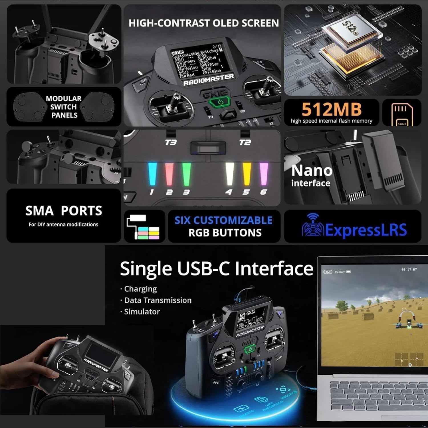 Radiomaster GX12 1000HZ 3D Digital CNC Hall Gimbal Dual Band Antenna Gemini XROSSBAND EXpressLRS Radio Controller ELRS Model 2