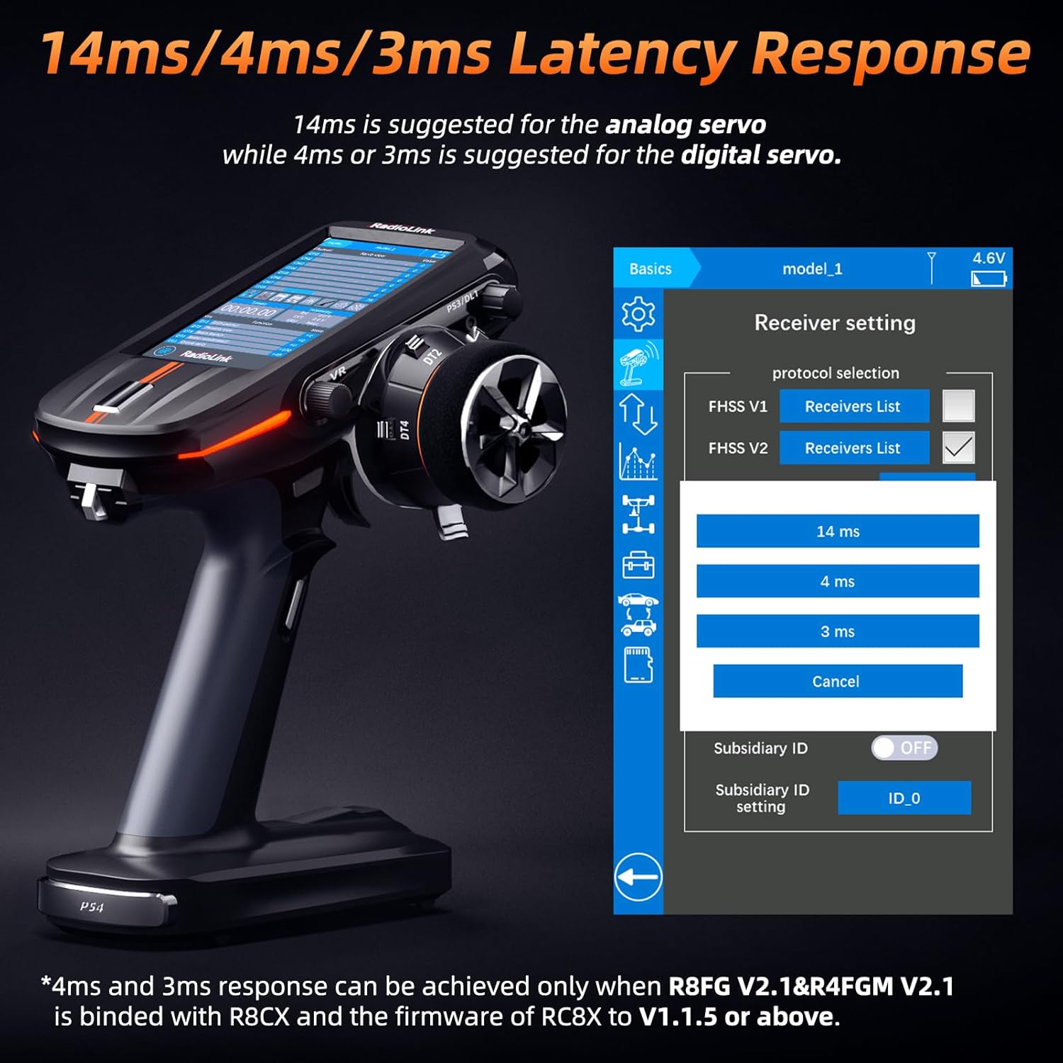 Radiolink RC8X 8 Channels 2.4G RC Transmitter and R8FG&R4FGM V2.1 Gyro Receiver, Voltage Telemetry Surface Remote Controller, 4.3