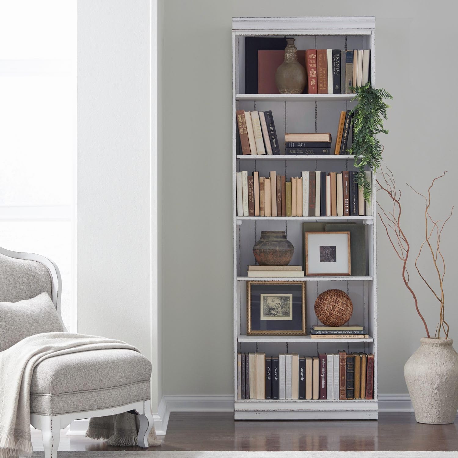 Liberty Furniture Magnolia Manor 84 Inch Bookcase for Living Room Office Storage - Antique White & Weathered Bark