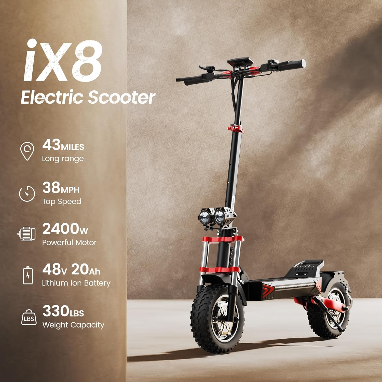 iScooter Electric Scooter, 28/38 MPH Top Speed E Scooter & 40/43/50 Miles Long Range, 10/11/12