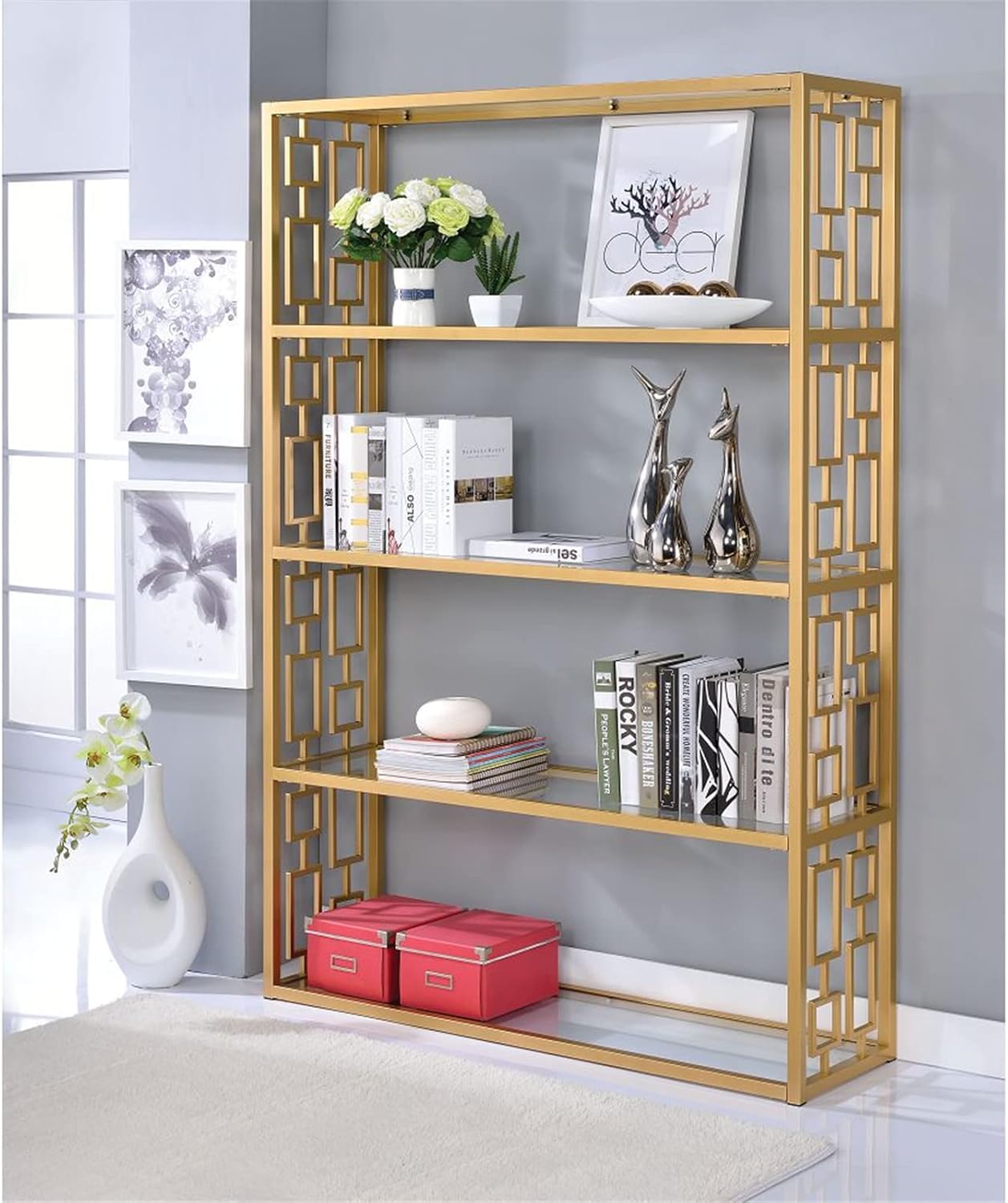 Home Office Furniture Sets,Modern Workstation Cottage Bookcase Glass Bookshelf Furniture for Home Office Study Room (Gold & Clear Glass Bookshelf) (Gold & Clear Glass Bookshelf)