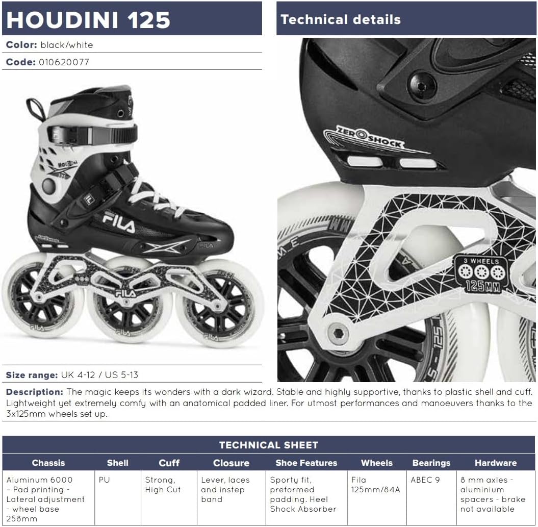 FILA Houdini 125mm Adult Inline Skates - High Speed Fitness Skates with ABEC 9 Bearings - Lightweight Aluminum Frame - Zero Shock Heel Cushioning - 3x125mm Wheel