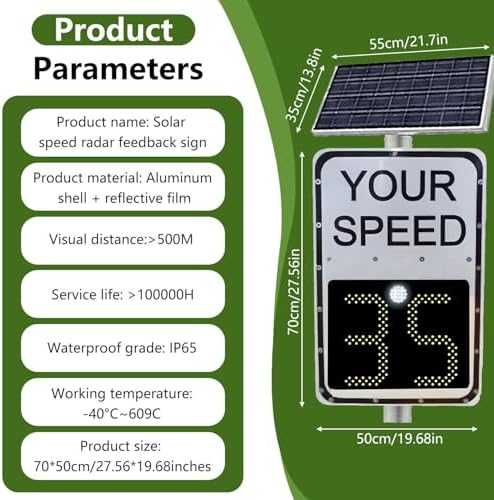 Portable Radar Traffic Sign - Digital Solar Speed Detector with LED Display, Adjustable Speed Limit, Accessories Included, 600mm x 900mm, Ideal for Suburban Areas